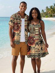 African Printed Matching Couple Outfit Coconut Tree Seascape Geometric Pattern Hawaiian Set -  