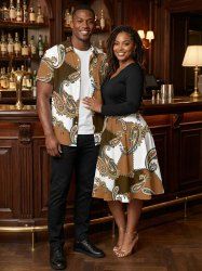 African Printed Matching Couple Outfit Paisley Geometric Colorblock Hawaiian Set -  