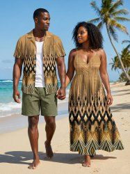 African Printed Matching Couple Outfit Geometric Graphic Ethnic Pattern Hawaiian Set -  