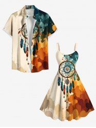 African Printed Matching Couple Outfit Dream Catcher Feather Painting Splatter Hawaiian Set -  
