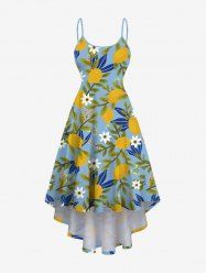 Robe hawaïenne asymétrique à imprimé de feuilles de citronnier et de fleurs grande taille - Paon Bleu M
