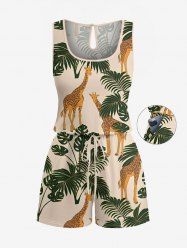 Plus Size Tropical Leaf Plant Giraffe Print Hawaii Drawstring Pocket Romper -  