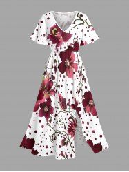 Plus Size Flower Leaf Spotted Print Hawaii Split Pocket A Line Midi Dress -  