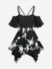 Ensemble grande taille composé d'un haut brodé de fleurs en jacquard ajouré et d'un pantalon évasé à volants et superposition de résille à motifs de crânes - Noir 