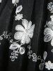 Ensemble grande taille composé d'un haut brodé de fleurs en jacquard ajouré et d'un pantalon évasé à volants et superposition de résille à motifs de crânes - Noir 