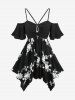 Ensemble grande taille composé d'un haut brodé de fleurs en jacquard ajouré et d'un pantalon évasé à volants et superposition de résille à motifs de crânes - Noir 