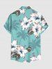 Chemise hawaïenne à poches boutons, imprimé feuilles et fleurs de cocotier et d'hibiscus, grandes tailles pour hommes - Turquoise Foncée 3XL