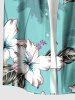 Chemise hawaïenne à poches boutons, imprimé feuilles et fleurs de cocotier et d'hibiscus, grandes tailles pour hommes - Turquoise Foncée 3XL