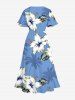 Robe midi trapèze grande taille à imprimé feuilles et fleurs de cocotier, style hawaïen, avec poches fendues - Bleu 5X