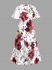 Plus Size Flower Leaf Spotted Print Hawaii Split Pocket A Line Midi Dress -  