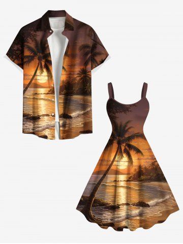 Coconut Tree Sea Ombre Dusk Print Plus Size Matching Hawaii Beach Outfit For Couples - BROWN