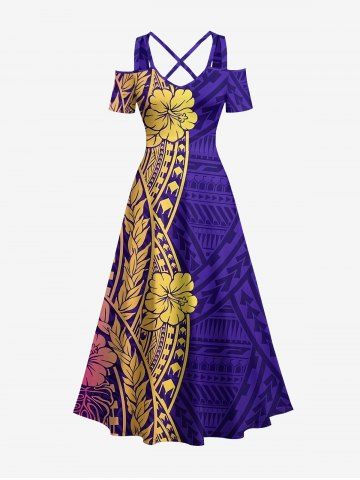 Robe longue hawaïenne à imprimé floral tropical et épaules dénudées, grande taille, style ethnique, épaules croisées. - CONCORD - L