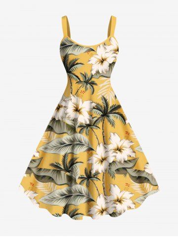 Robe débardeur hawaïenne à imprimé tropical de cocotiers et de feuilles, grande taille - YELLOW - L