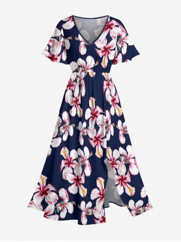 Robe mi-longue hawaïenne fendue à imprimé fleurs d'hibiscus grande taille - MIDNIGHT BLUE - S