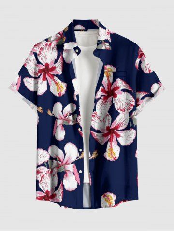 Chemise hawaïenne grande taille pour homme, imprimée de fleurs d'hibiscus, à boutons et poches. - MIDNIGHT BLUE - 5XL