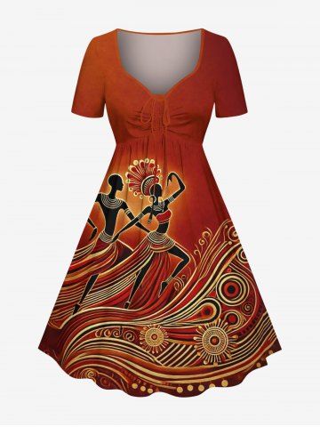 Plus Size Ethnic Pattern Dancer Print Hawaii Cinched Dress - BROWN - XXS