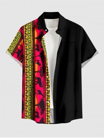 Plus Size Ethnic Animals Geometric Pattern Print Buttons Pocket Hawaii Shirt For Men - RED - L
