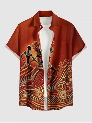 Chemise hawaïenne grande taille à motif ethnique, imprimé danseur, boutons et poche pour homme - BROWN - 3XL