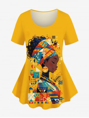 Plus Size Ethnic Lady Geometic Pattern Print T-shirt - YELLOW - 6X