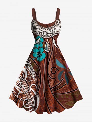 Robe hawaïenne grande taille à imprimé ethnique fleurs d'hibiscus - DEEP COFFEE - 3X