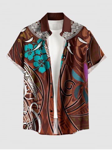 Chemise hawaïenne à poches boutons, imprimé ethnique à fleurs d'hibiscus, grande taille, pour hommes - DEEP COFFEE - 5XL