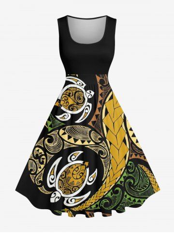 Robe trapèze hawaïenne vintage à imprimé tortue, grande taille - TAN - M