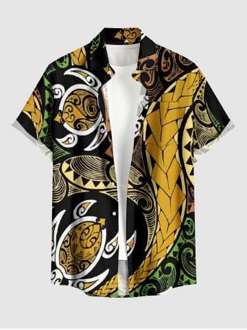 Chemise hawaïenne à poches boutons, imprimé motif tortue ethnique grande taille, pour hommes - TAN - 3XL