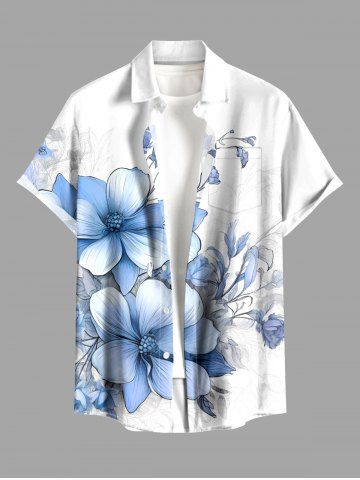 Plus Size Flowers Tropical Print Buttons Pocket Hawaii Shirt For Men - WHITE - 4XL