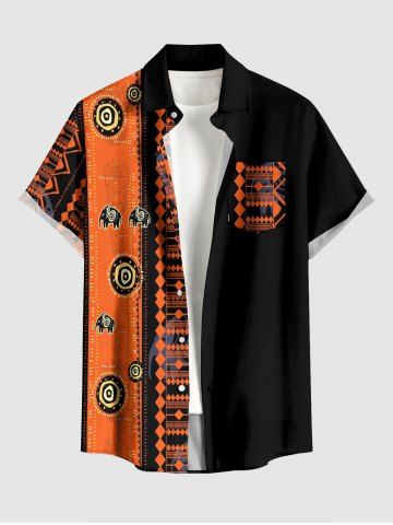 Chemise hawaïenne grande taille à motif ethnique éléphant, boutons et poches pour homme - DARK ORANGE - XL