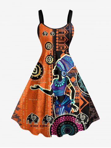 Plus Size Ethnic Lady Elephant Pattern Print Hawaii Tank Dress - ORANGE - XXS