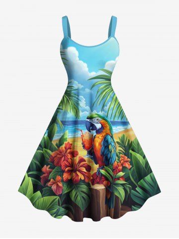 Robe débardeur grande taille à imprimé perroquet, fleurs tropicales, feuilles, jus de fruits et paysage marin, style hawaïen - LIGHT BLUE - 6X