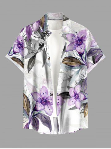 Plus Size Flower Leaf Ombre Print Hawaii Button Pocket Shirt For Men - PURPLE - L