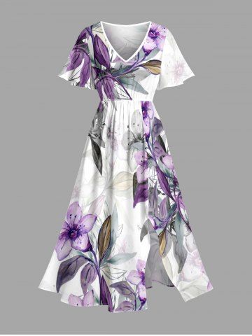 Robe midi trapèze grande taille à imprimé floral et feuilles ombré hawaïen avec poches fendues - PURPLE - 2X