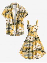 Coconut Tree Flowers Leaf Tropical Print Plus Size Matching Hawaii Beach Outfit For Couples - Jaune 