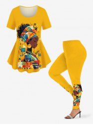 Ethnic Lady Geometic Pattern Print Plus Size Matching Set - Jaune 