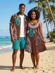 African Printed Matching Couple Outfit Hibiscus Flower Ethnic Pattern Hawaiian Set -  