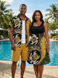 African Printed Matching Couple Outfit Turtle Ethnic Pattern Hawaiian Set -  