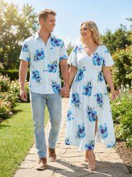 Flowers Print Plus Size Matching Hawaii Beach Outfit For Couples -  