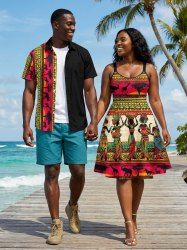 African Printed Matching Couple Outfit Ethnic Animals Geometric Pattern Hawaiian Set -  