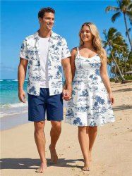 Coconut Tree Sailboat Stone Print Plus Size Matching Hawaii Beach Outfit For Couples -  