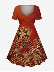 Robe hawaïenne grande taille à imprimé ethnique et danseuse, cintrée - Brun 5X