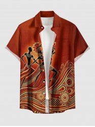 Chemise hawaïenne grande taille à motif ethnique, imprimé danseur, boutons et poche pour homme - Brun 3XL