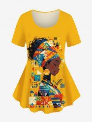 Plus Size Ethnic Lady Geometic Pattern Print T-shirt -  