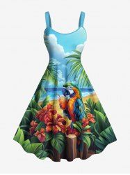 Plus Size Parrot Tropical Flowers Leaf Fruit Juice Seascape Print Hawaii Tank Dress -  