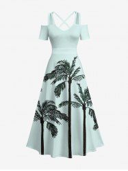 Robe longue trapèze grande taille à imprimé cocotier, épaules dénudées et bretelles croisées, style hawaïen, épaules dénudées. - Bleu clair 6X