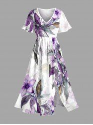 Robe midi trapèze grande taille à imprimé floral et feuilles ombré hawaïen avec poches fendues - Pourpre  6X