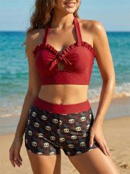 Skull Crow Print Bowknot Ruffles Halter Boyleg Tankini Swimsuit -  