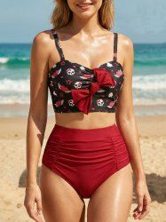Skulls Heart Stars Print Ruched Bowknot Tankini Swimsuit -  