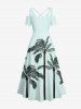 Robe longue trapèze grande taille à imprimé cocotier, épaules dénudées et bretelles croisées, style hawaïen, épaules dénudées. - Bleu clair 6X