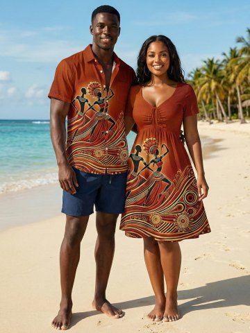 African Printed Matching Couple Outfit Ethnic Pattern Dancer Hawaiian Set - BROWN